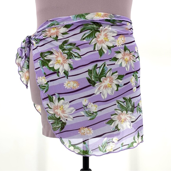 Mossimo NWT Sheer Purple Floral & Striped Sarong Wrap Beach Cover-Up, Medium - Picture 1 of 16